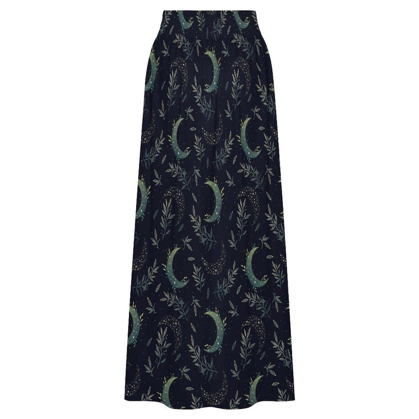 Celestial Maxi Skirt, Navy Moon Botanical Leaf Print, High Waist Flowy Witchy Gift