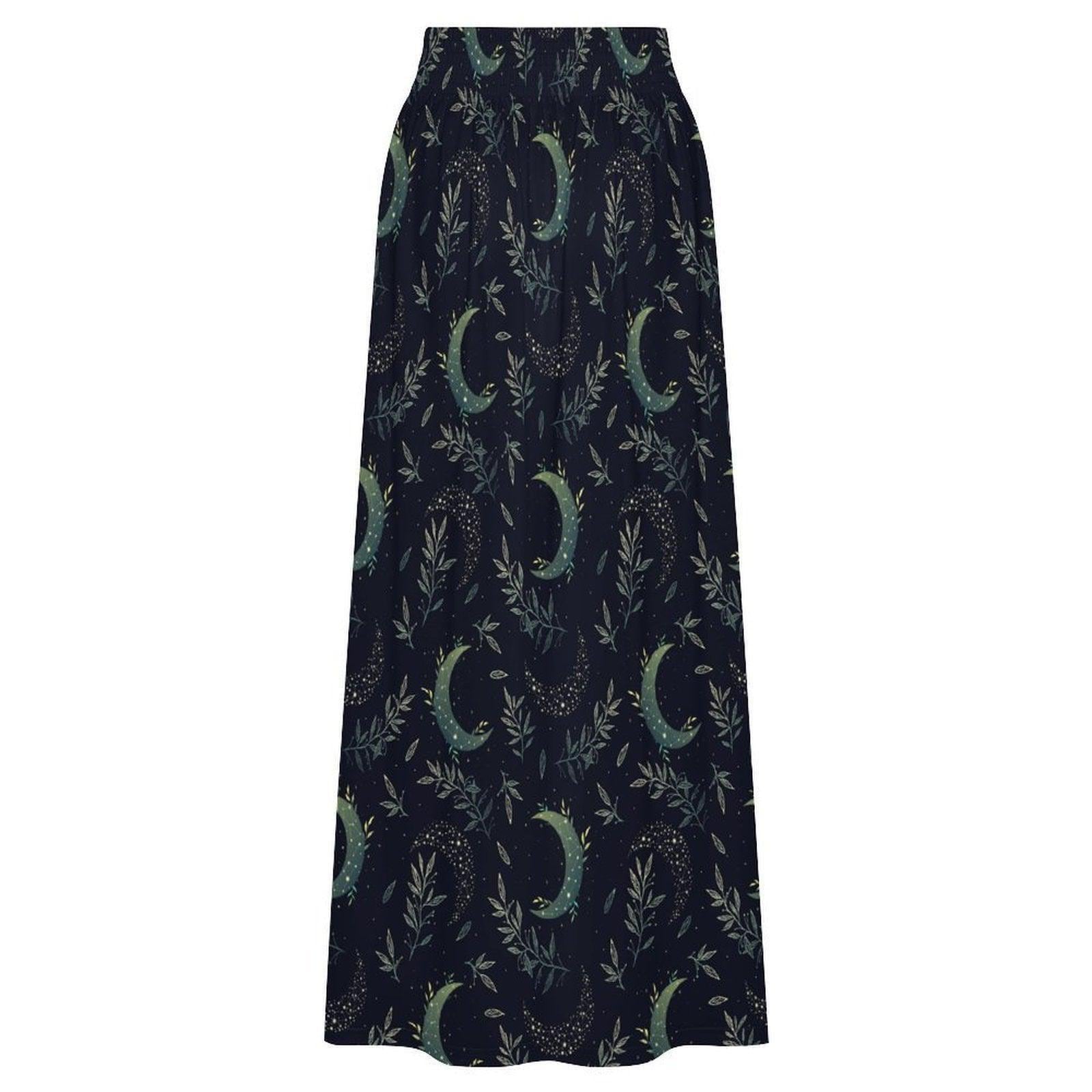 Celestial Maxi Skirt, Navy Moon Botanical Leaf Print, High Waist Flowy Witchy Gift