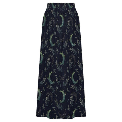 Celestial Maxi Skirt, Navy Moon Botanical Leaf Print, High Waist Flowy Witchy Gift