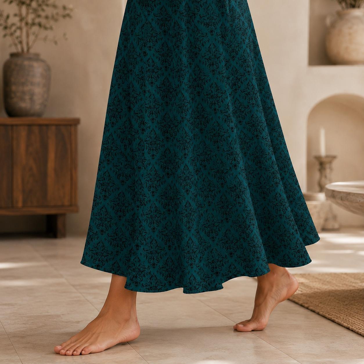 Teal Maxi Skirt, Dark Damask Print, High Waist Flowy A-Line, Moody Boho Style