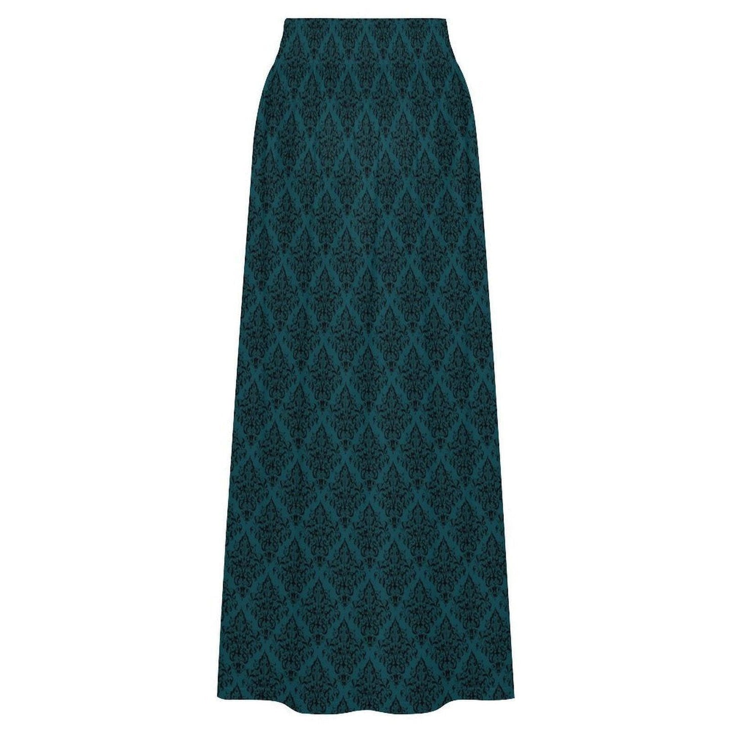 Teal Maxi Skirt, Dark Damask Print, High Waist Flowy A-Line, Moody Boho Style