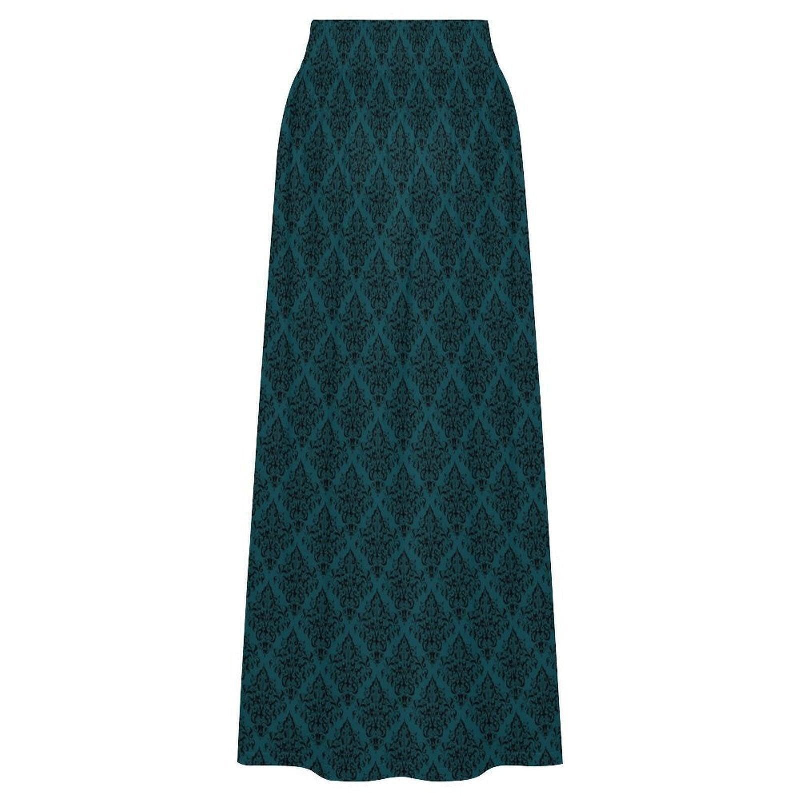Teal Maxi Skirt, Dark Damask Print, High Waist Flowy A-Line, Moody Boho Style