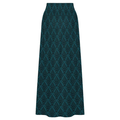 Teal Maxi Skirt, Dark Damask Print, High Waist Flowy A-Line, Moody Boho Style