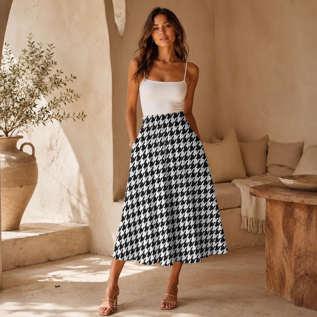 Houndstooth Midi Swing Skirt, Black White Check, Vintage Style Office Brunch Outfits