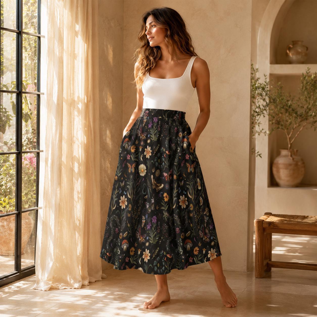 Dark Botanical Mushroom Midi Skirt, Cottagecore Floral Print, High Waist Pockets