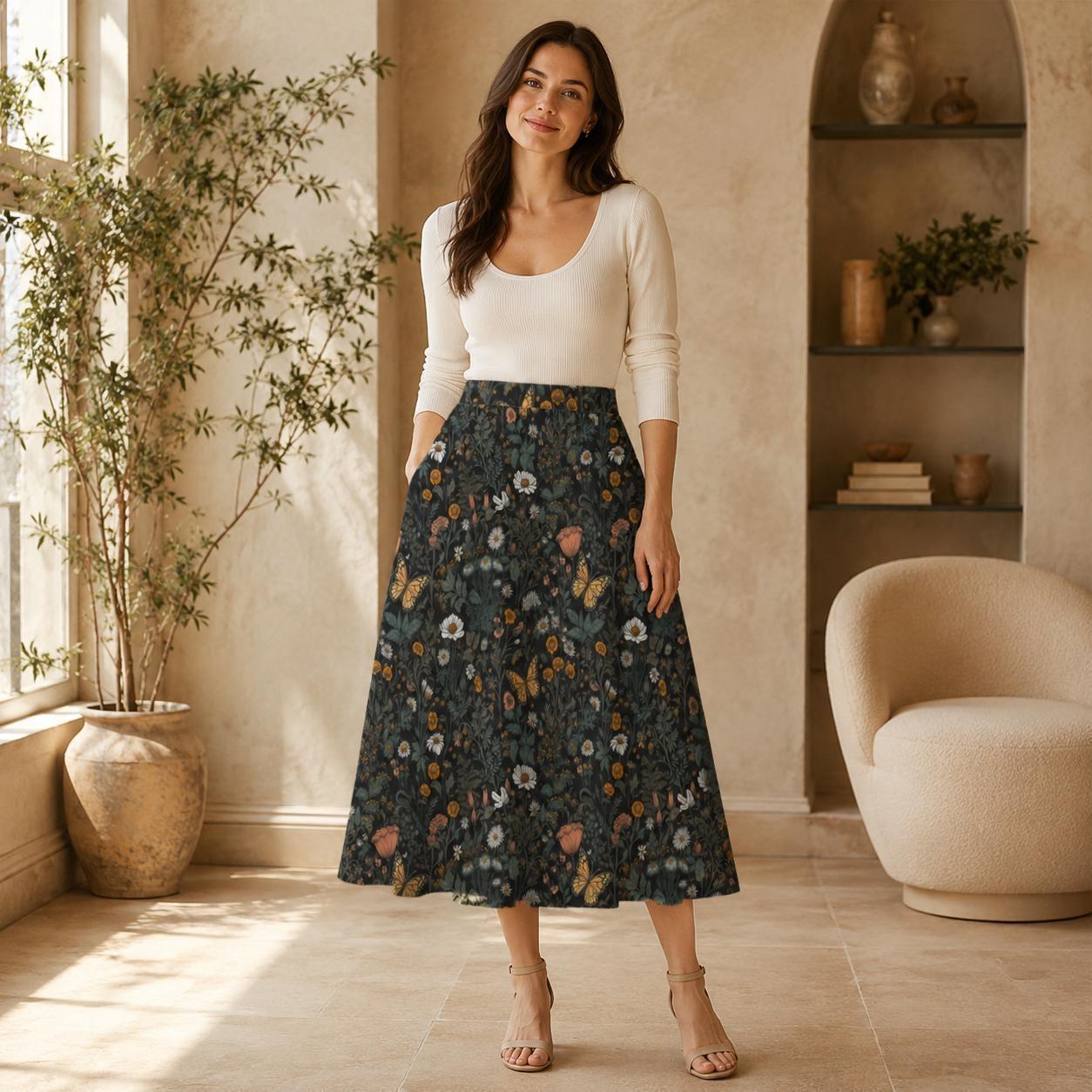 Dark Botanical Butterfly Midi Skirt, Moody Floral Garden A Line, Cottagecore Summer Style