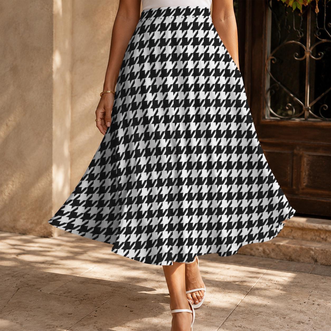 Houndstooth Midi Swing Skirt, Black White Check, Vintage Style Office Brunch Outfits