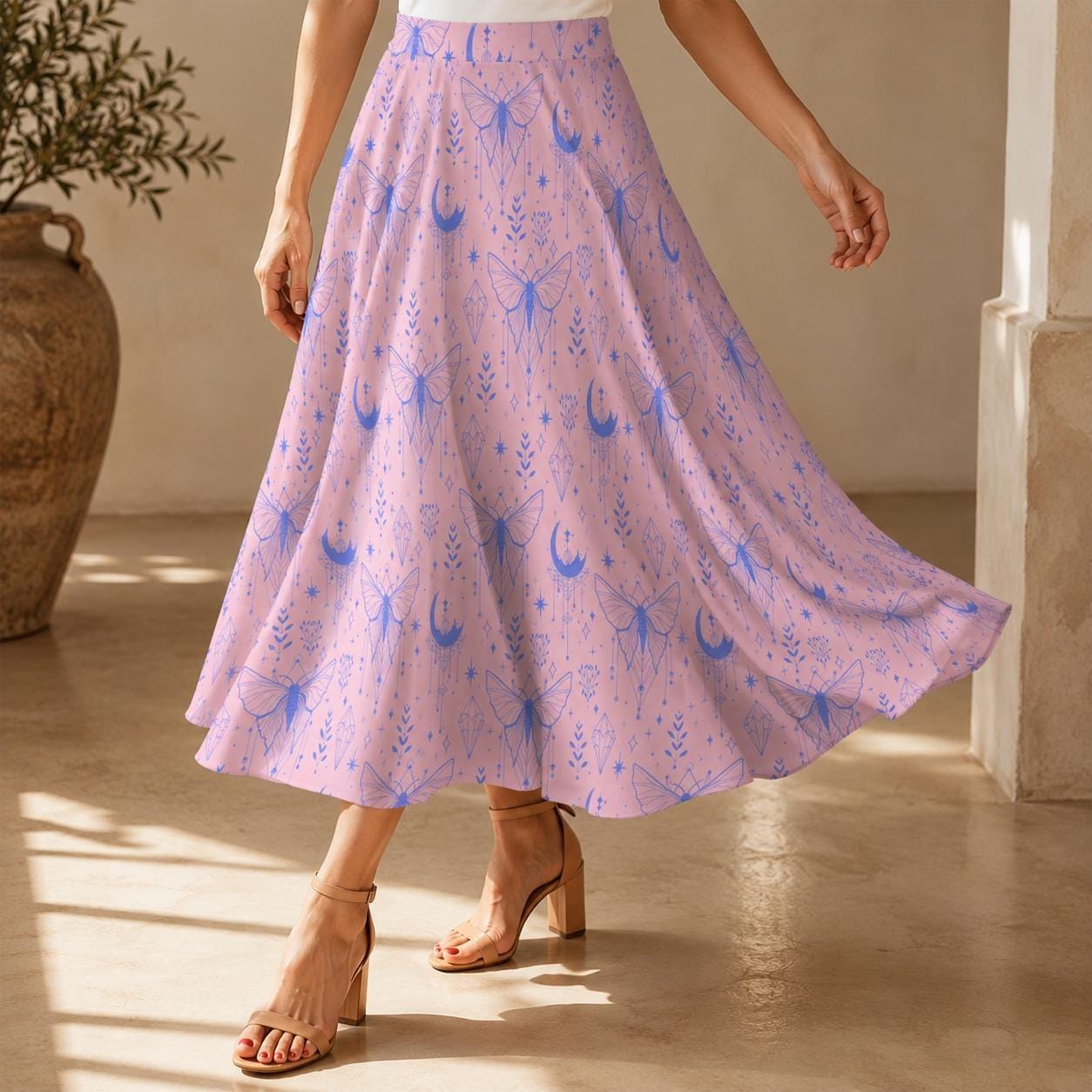 Fairycore Celestial Butterfly Maxi Skirt, Flowy Purple Moon Print Summer Festival