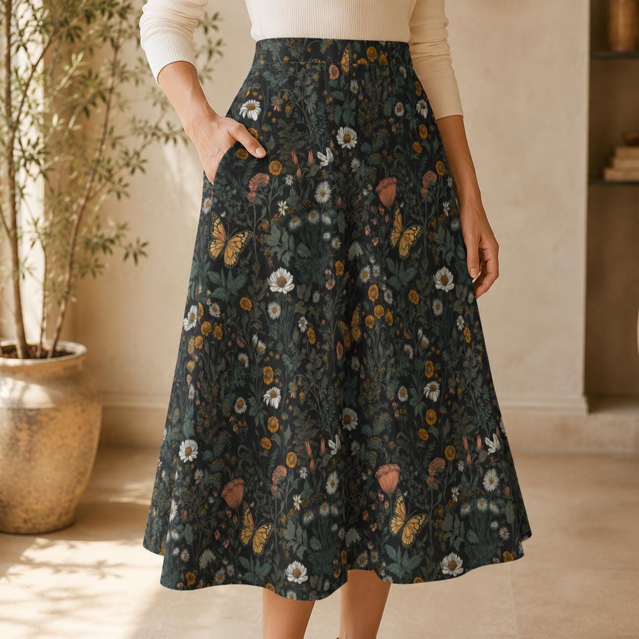 Dark Botanical Butterfly Midi Skirt, Moody Floral Garden A Line, Cottagecore Summer Style