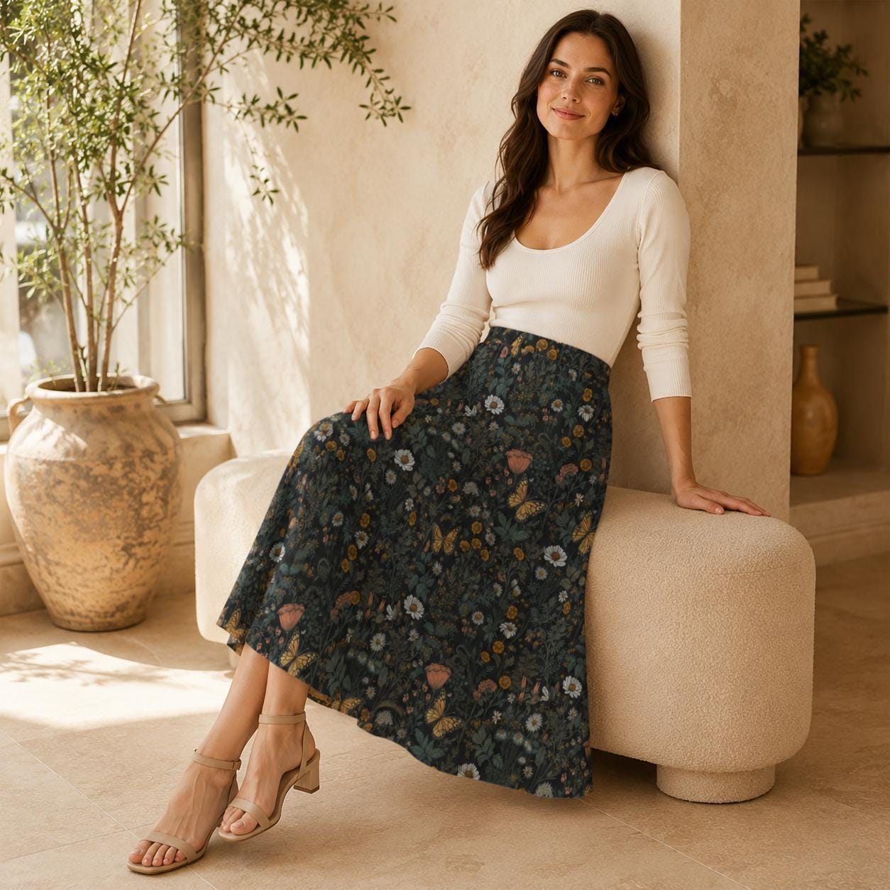 Dark Botanical Butterfly Midi Skirt, Moody Floral Garden A Line, Cottagecore Summer Style