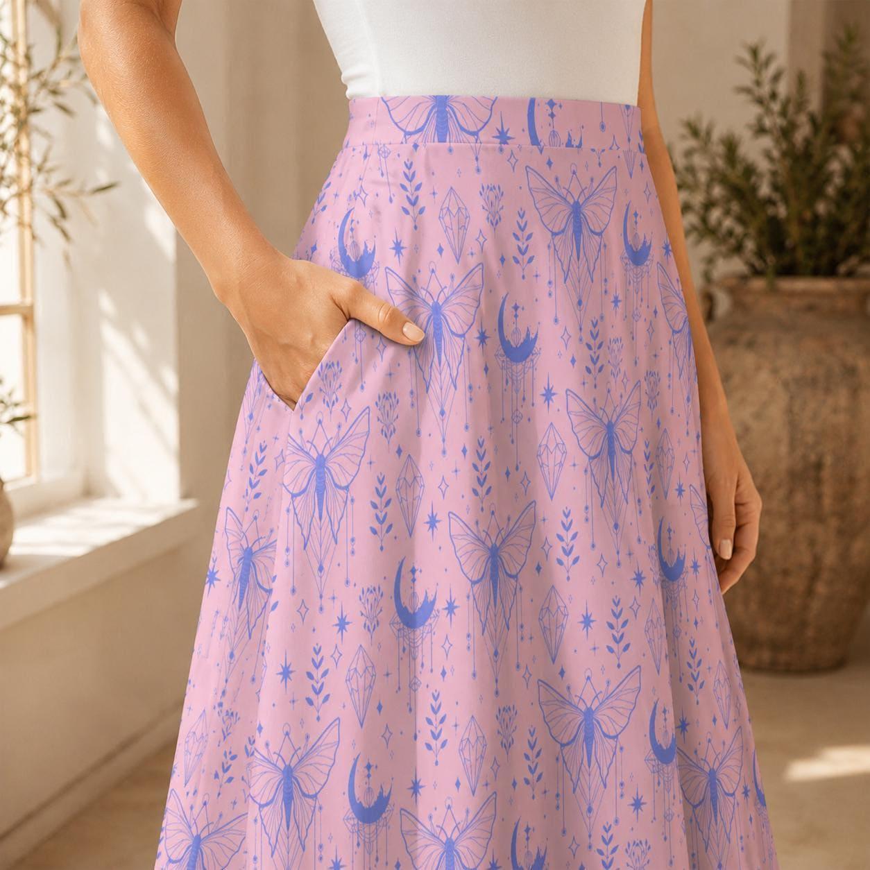 Fairycore Celestial Butterfly Maxi Skirt, Flowy Purple Moon Print Summer Festival