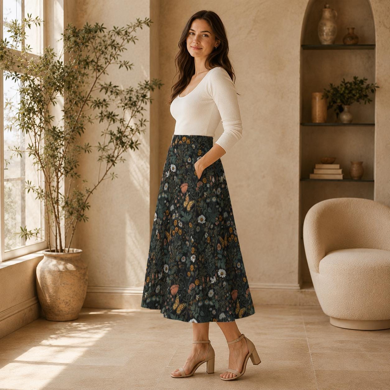 Dark Botanical Butterfly Midi Skirt, Moody Floral Garden A Line, Cottagecore Summer Style