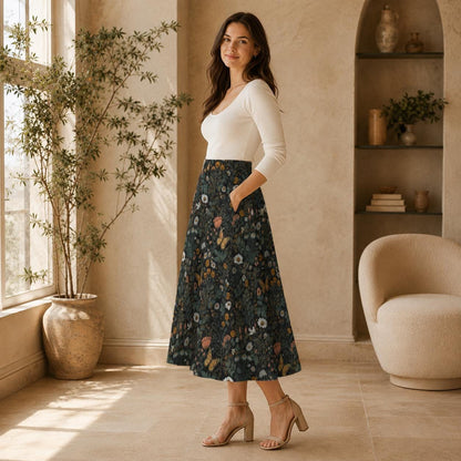 Dark Botanical Butterfly Midi Skirt, Moody Floral Garden A Line, Cottagecore Summer Style
