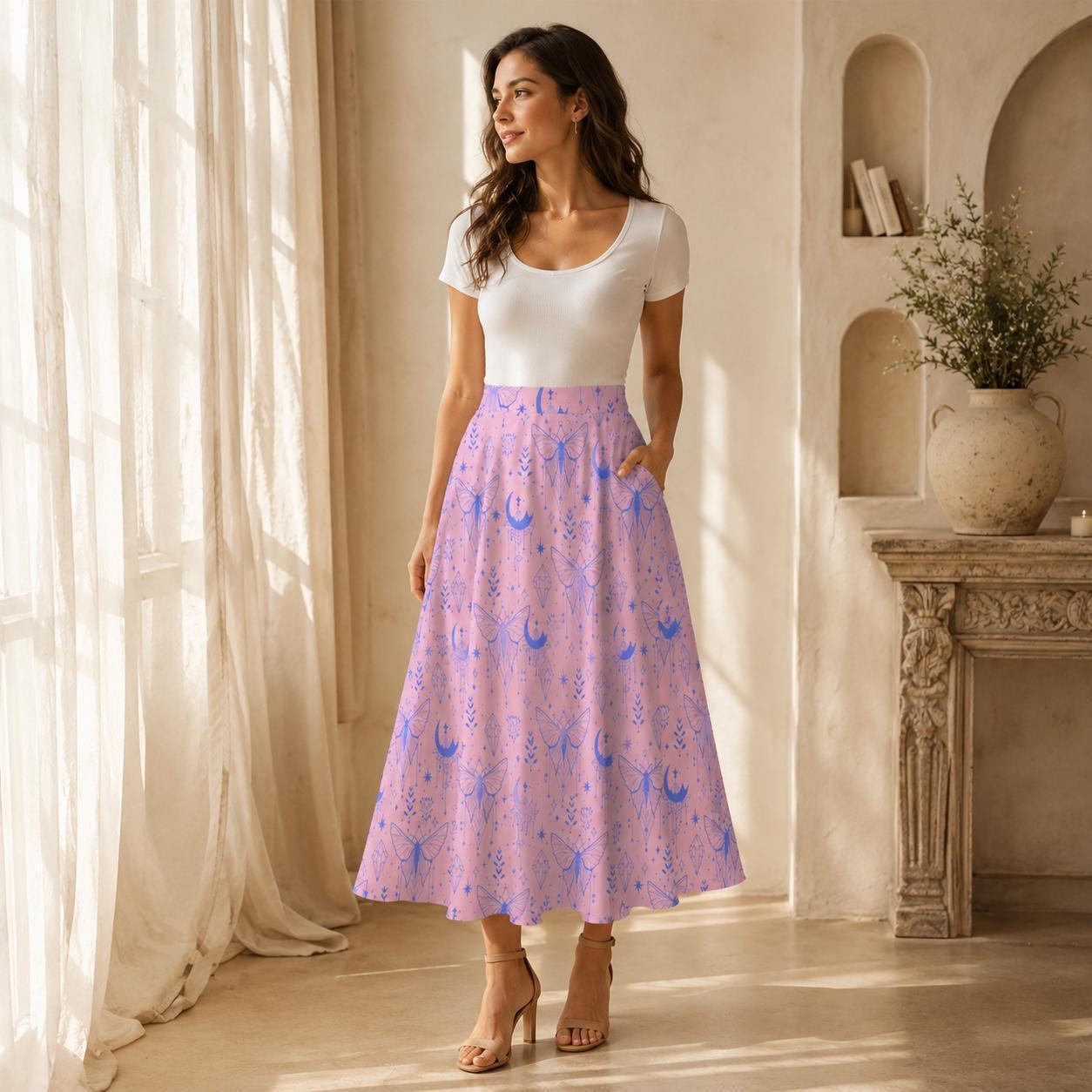 Fairycore Celestial Butterfly Maxi Skirt, Flowy Purple Moon Print Summer Festival