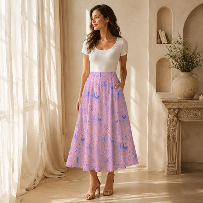 Fairycore Celestial Butterfly Maxi Skirt, Flowy Purple Moon Print Summer Festival
