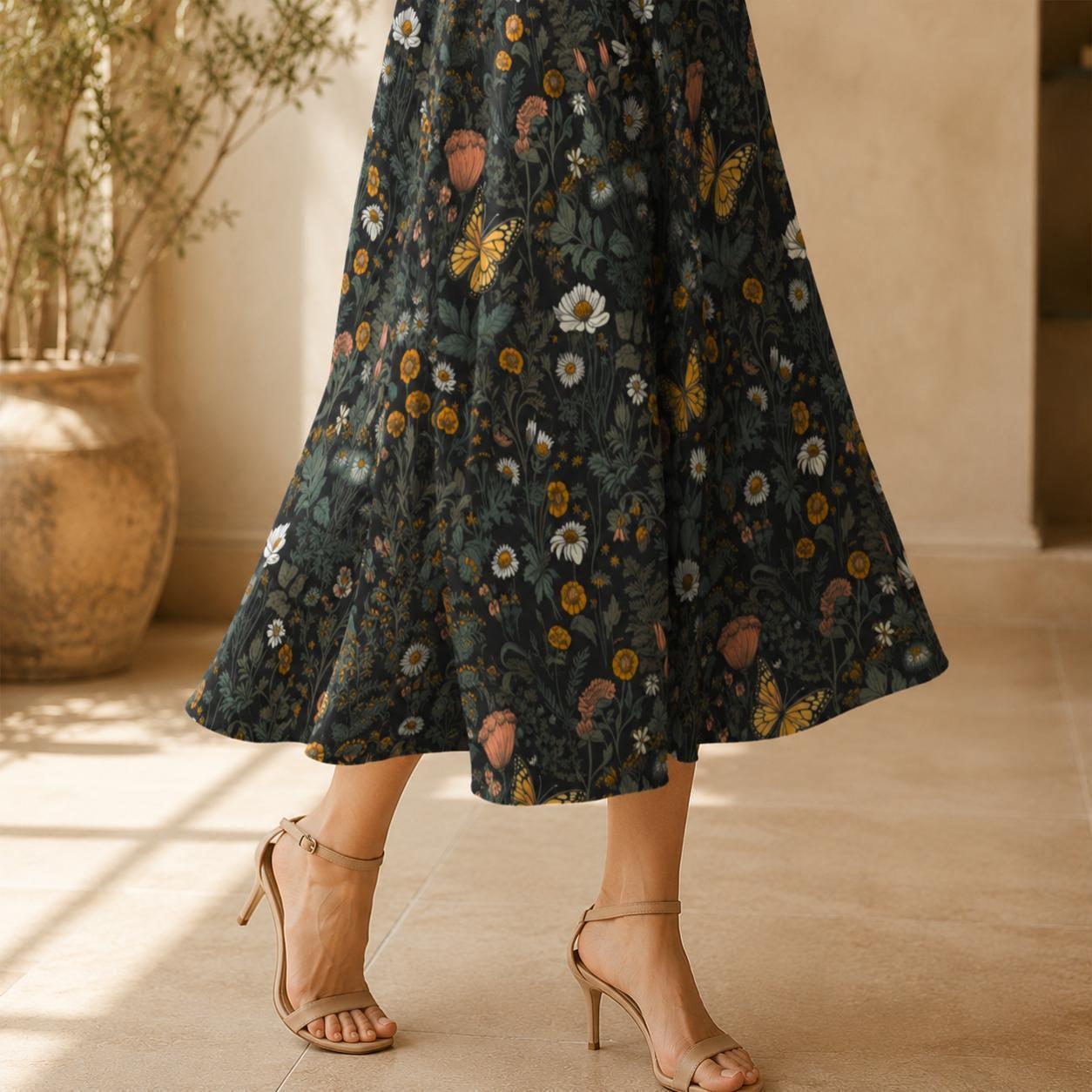 Dark Botanical Butterfly Midi Skirt, Moody Floral Garden A Line, Cottagecore Summer Style