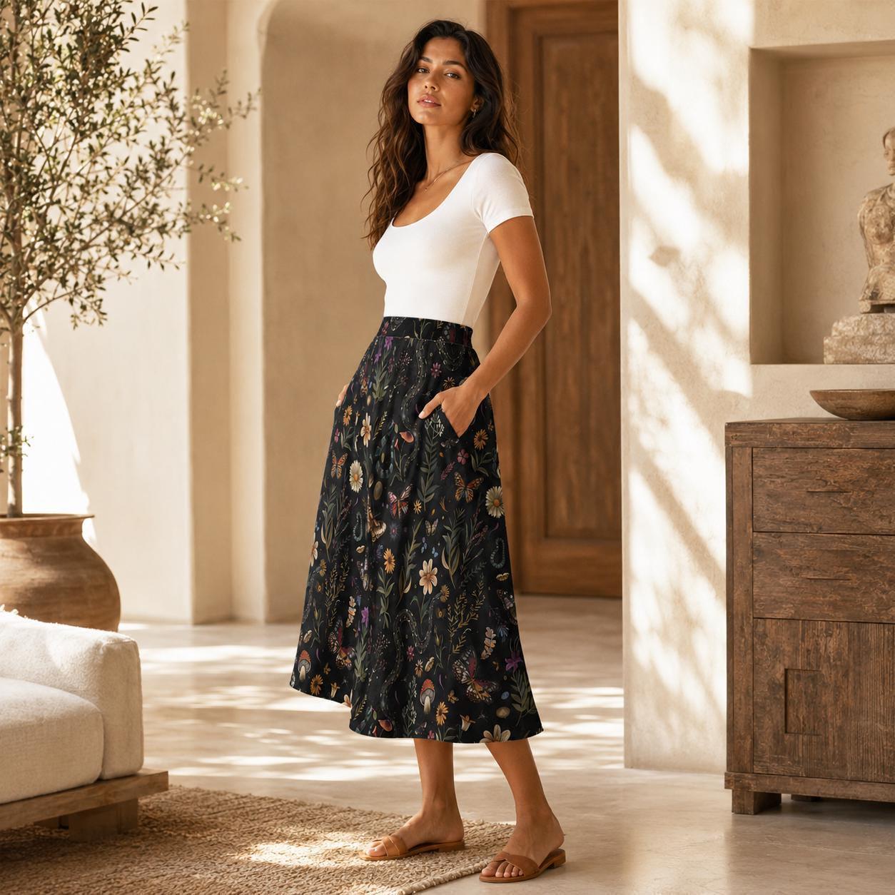 Dark Botanical Mushroom Midi Skirt, Cottagecore Floral Print, High Waist Pockets