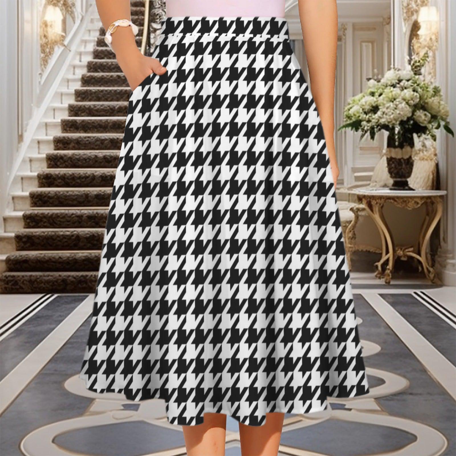 Houndstooth Midi Swing Skirt, Black White Check, Vintage Style Office Brunch Outfits