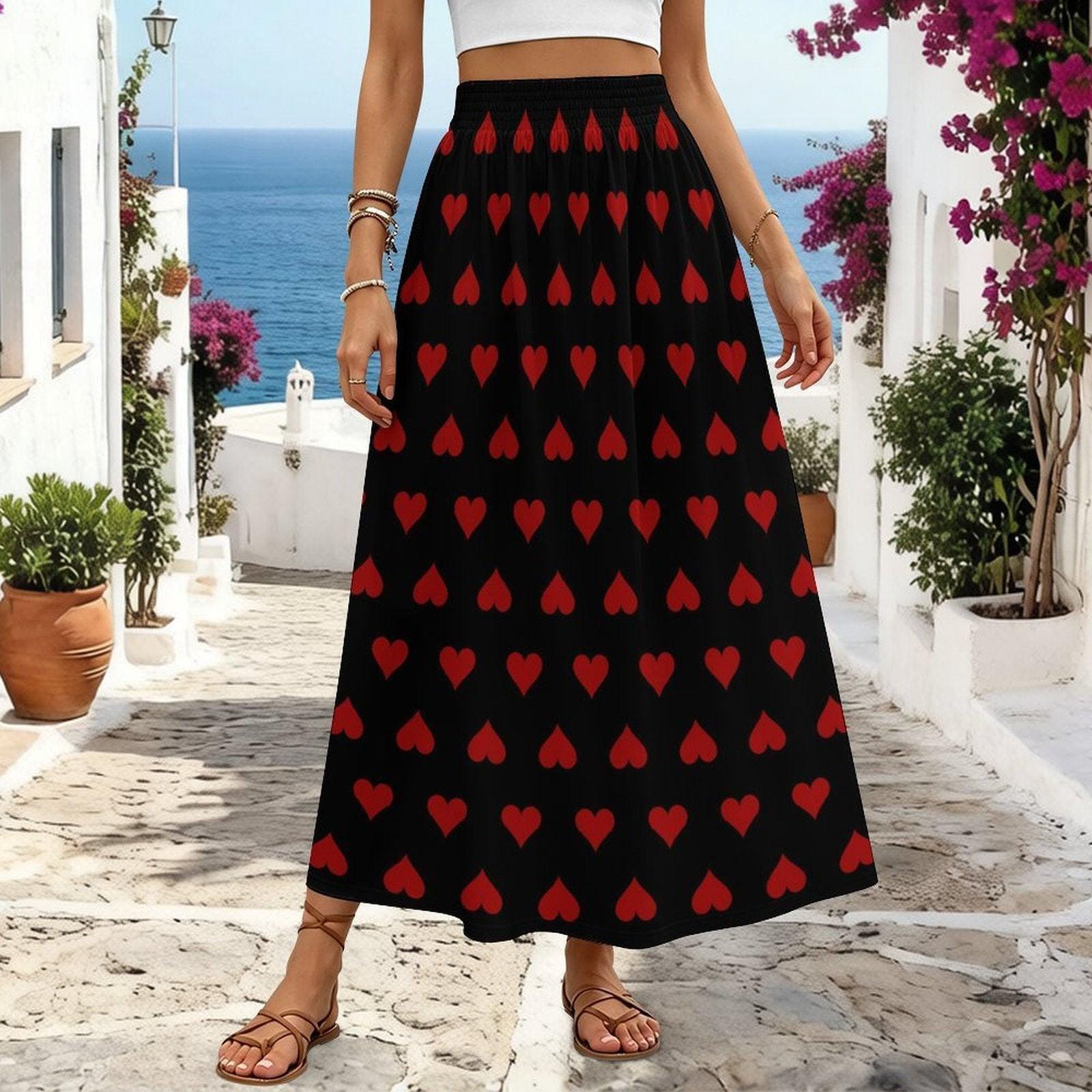 Black Red Heart Maxi Skirt, High Waist Flowy A-Line, Dark Romantic Style