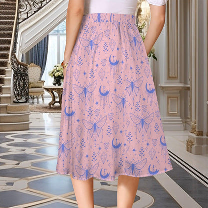 Fairycore Celestial Butterfly Maxi Skirt, Flowy Purple Moon Print Summer Festival