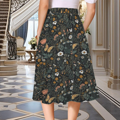 Dark Botanical Butterfly Midi Skirt, Moody Floral Garden A Line, Cottagecore Summer Style