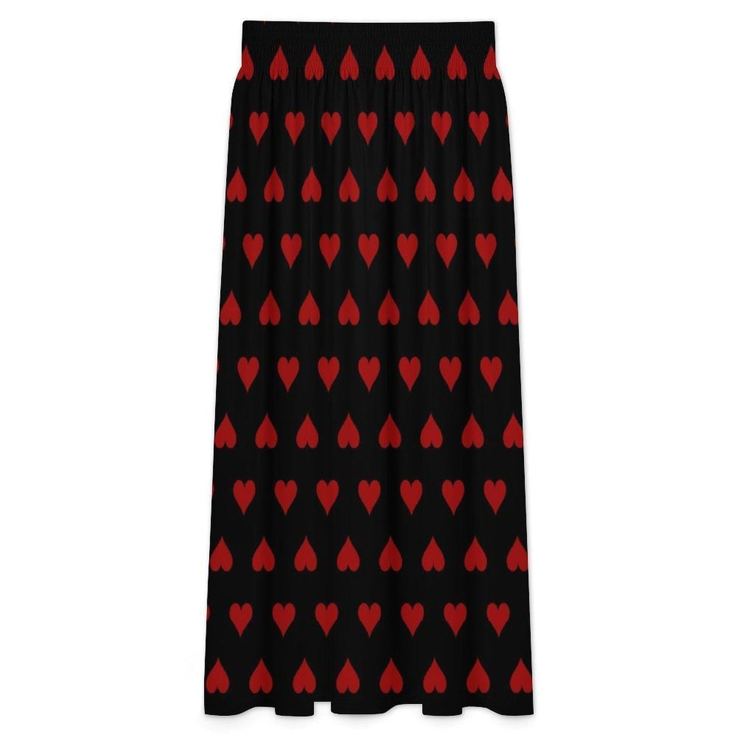 Black Red Heart Maxi Skirt, High Waist Flowy A-Line, Dark Romantic Style