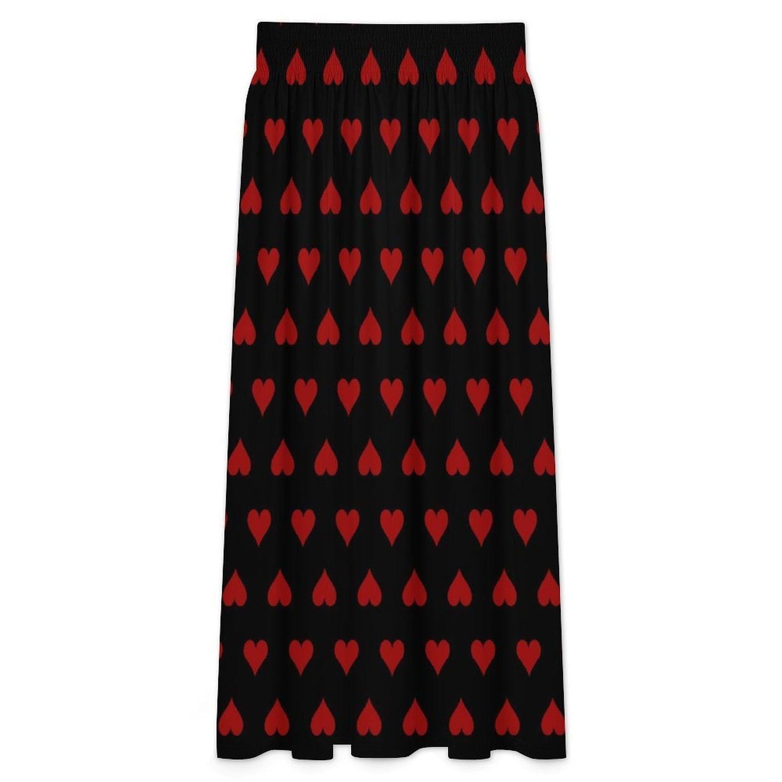 Black Red Heart Maxi Skirt, High Waist Flowy A-Line, Dark Romantic Style
