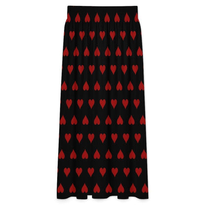 Black Red Heart Maxi Skirt, High Waist Flowy A-Line, Dark Romantic Style