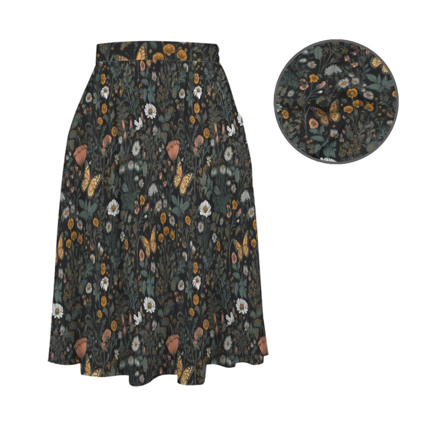 Dark Botanical Butterfly Midi Skirt, Moody Floral Garden A Line, Cottagecore Summer Style