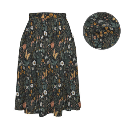 Dark Botanical Butterfly Midi Skirt, Moody Floral Garden A Line, Cottagecore Summer Style