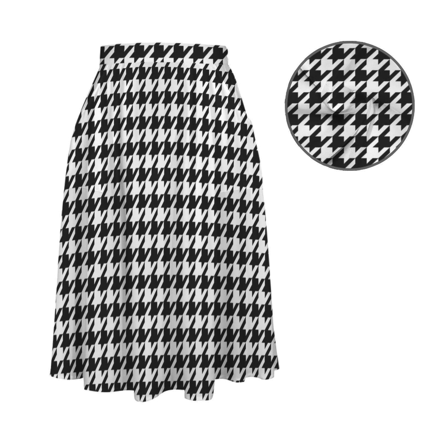 Houndstooth Midi Swing Skirt, Black White Check, Vintage Style Office Brunch Outfits