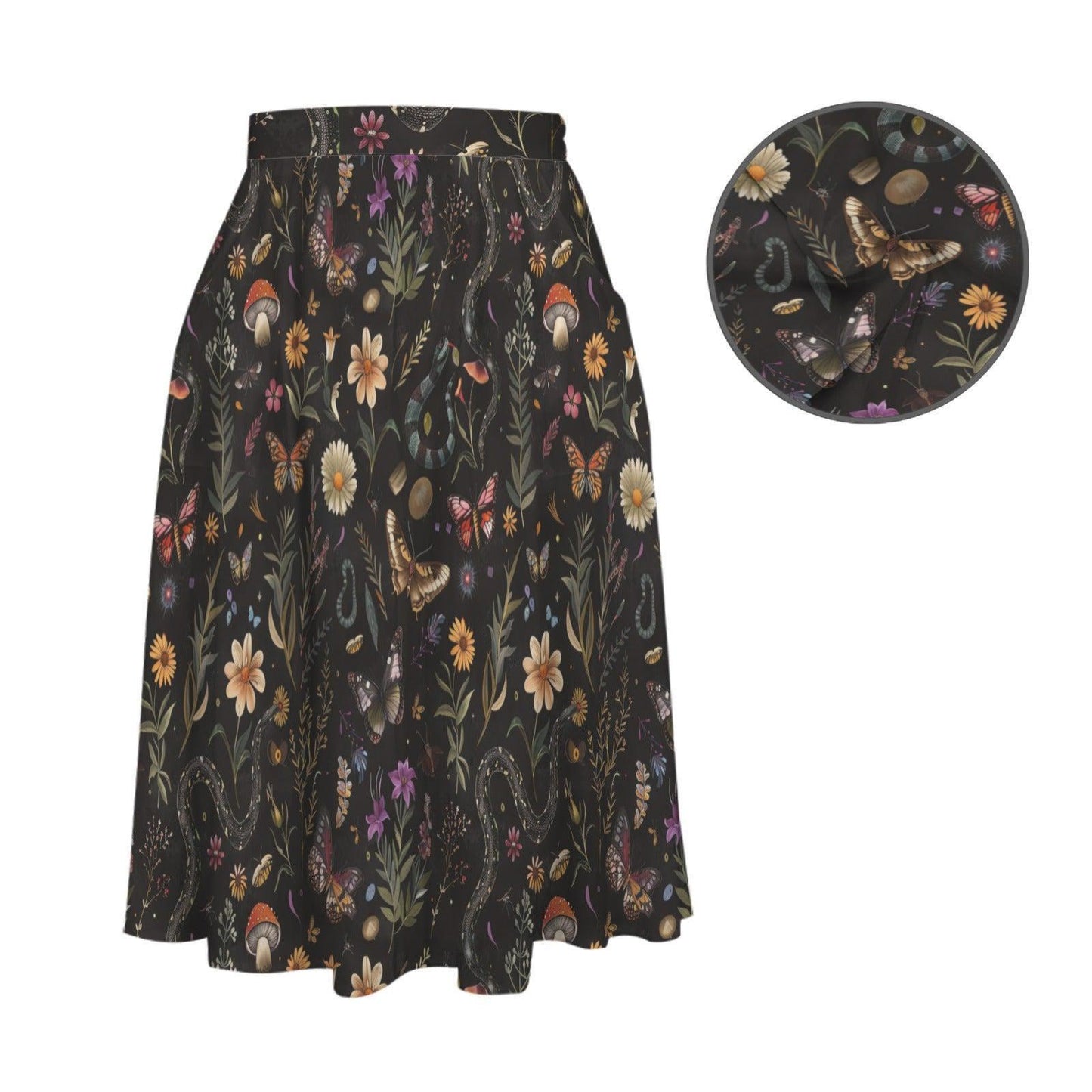 Dark Botanical Mushroom Midi Skirt, Cottagecore Floral Print, High Waist Pockets