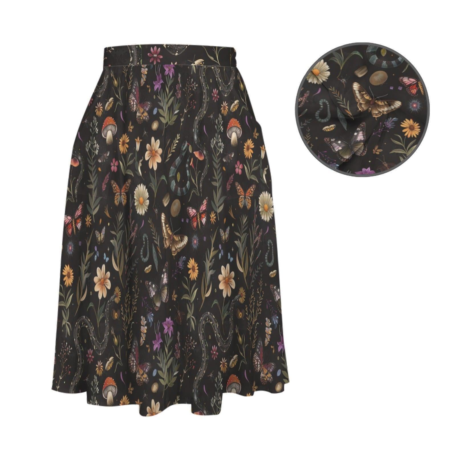 Dark Botanical Mushroom Midi Skirt, Cottagecore Floral Print, High Waist Pockets