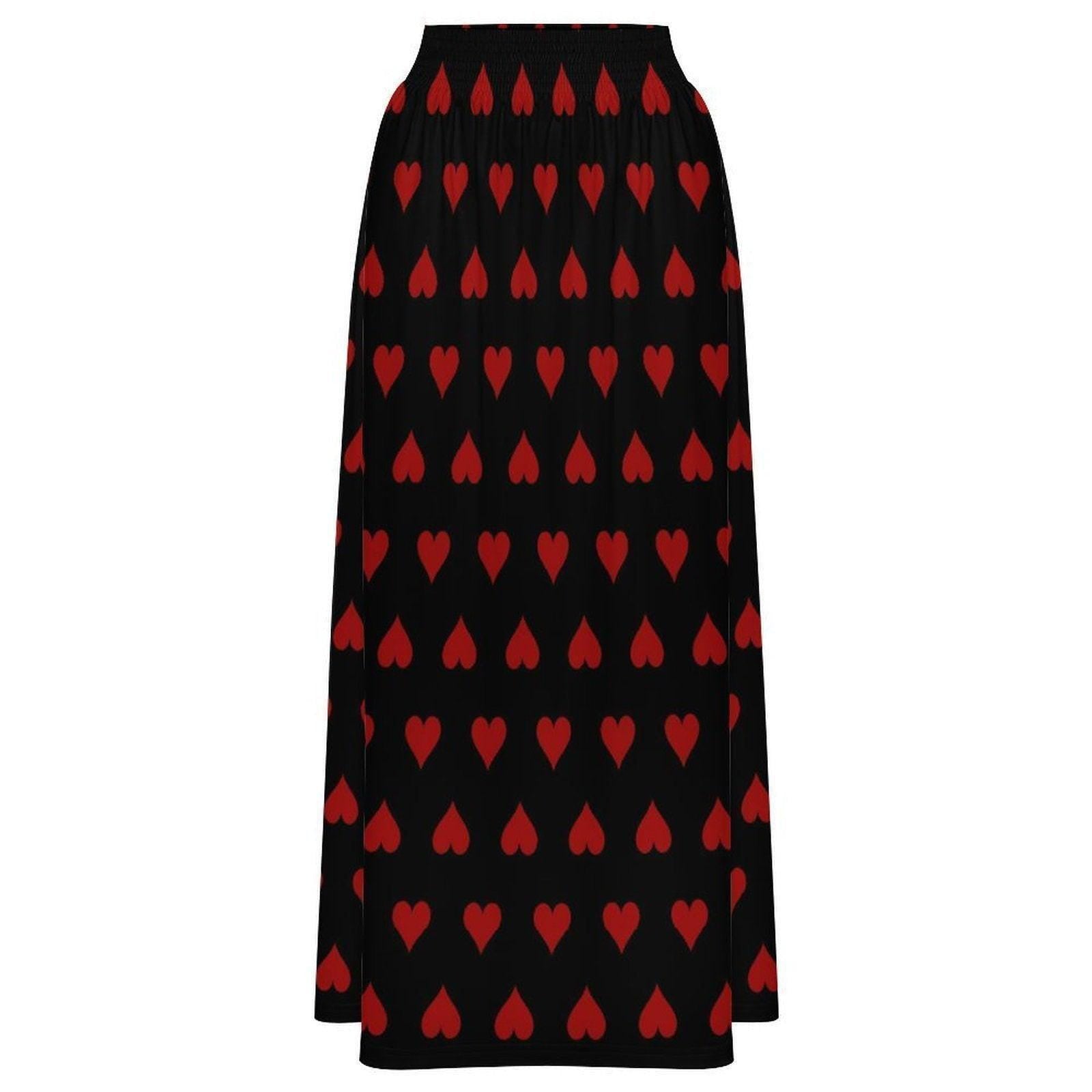 Black Red Heart Maxi Skirt, High Waist Flowy A-Line, Dark Romantic Style