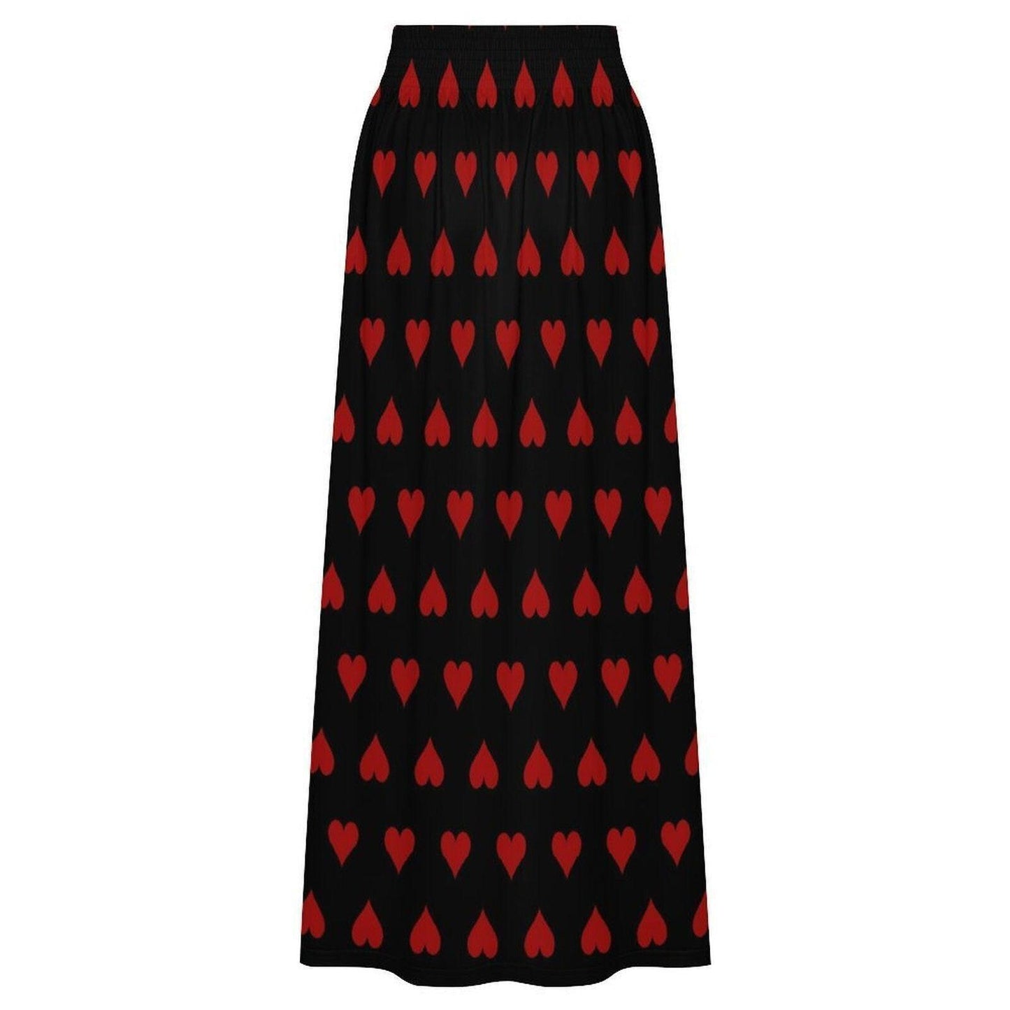 Black Red Heart Maxi Skirt, High Waist Flowy A-Line, Dark Romantic Style