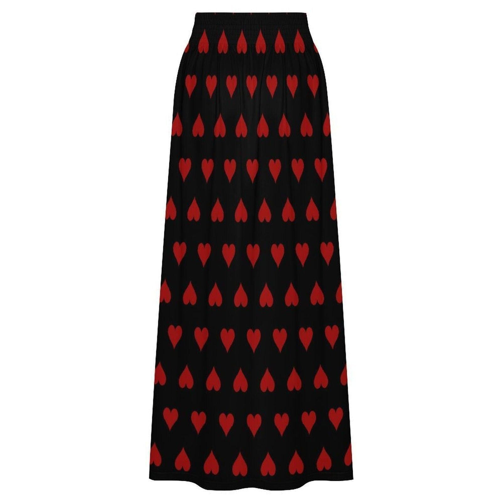 Black Red Heart Maxi Skirt, High Waist Flowy A-Line, Dark Romantic Style