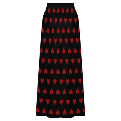 Black Red Heart Maxi Skirt, High Waist Flowy A-Line, Dark Romantic Style