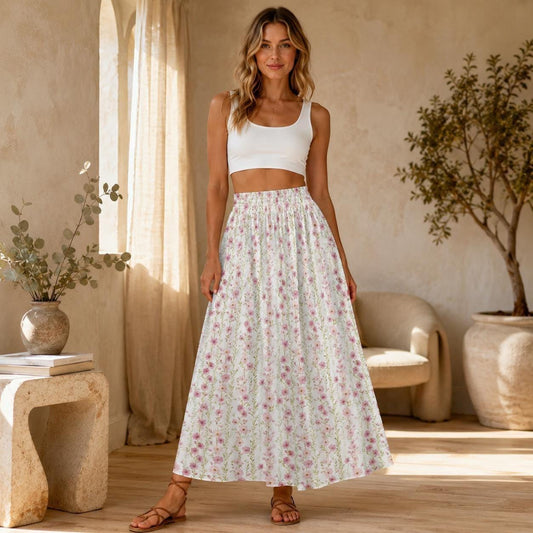 Cottagecore Maxi Skirt, Pink Watercolor Floral Print, High Waist Flowy Summer Skirt