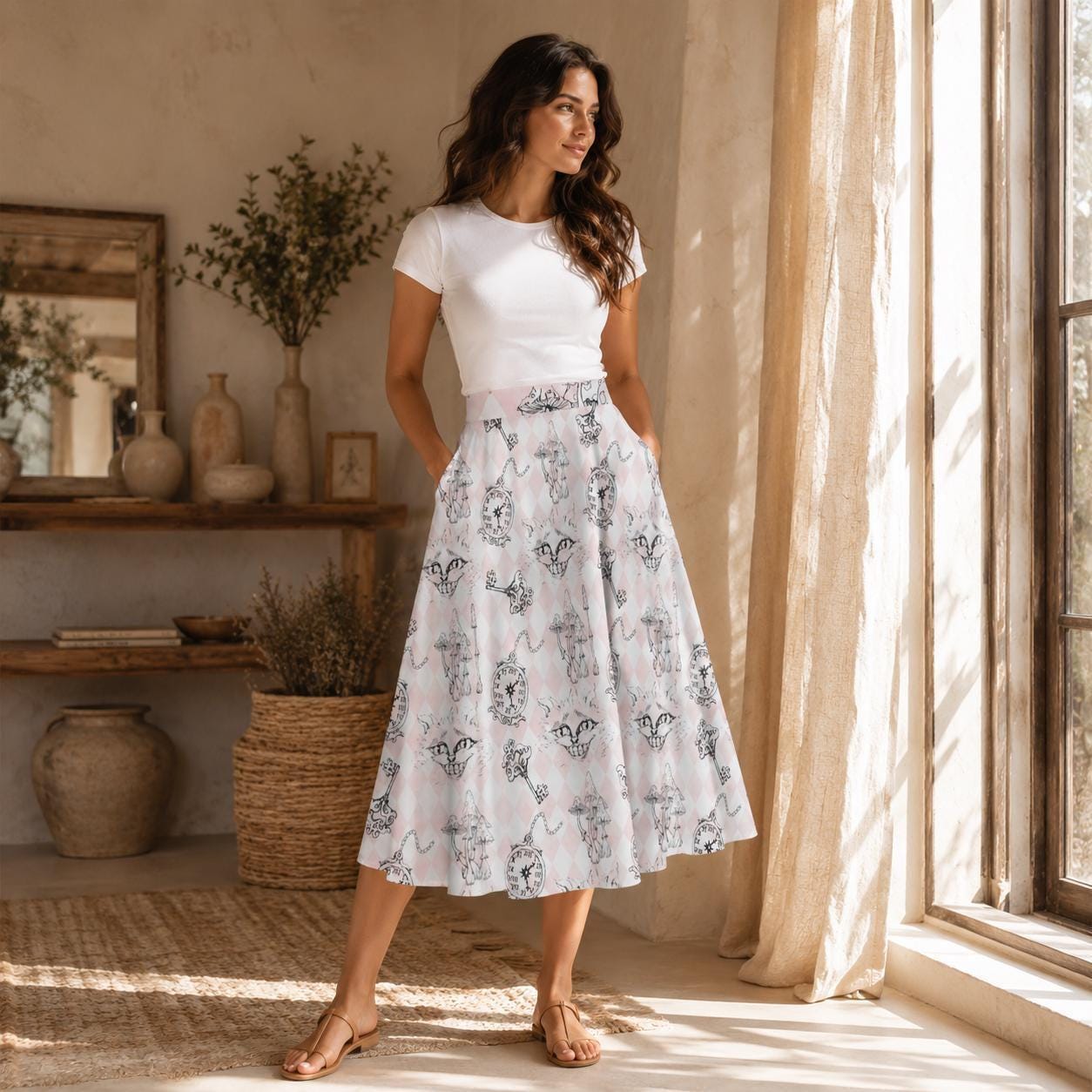 Blush Butterfly Midi Skirt, Vintage Letter Floral Print, Romantic High Waist Style