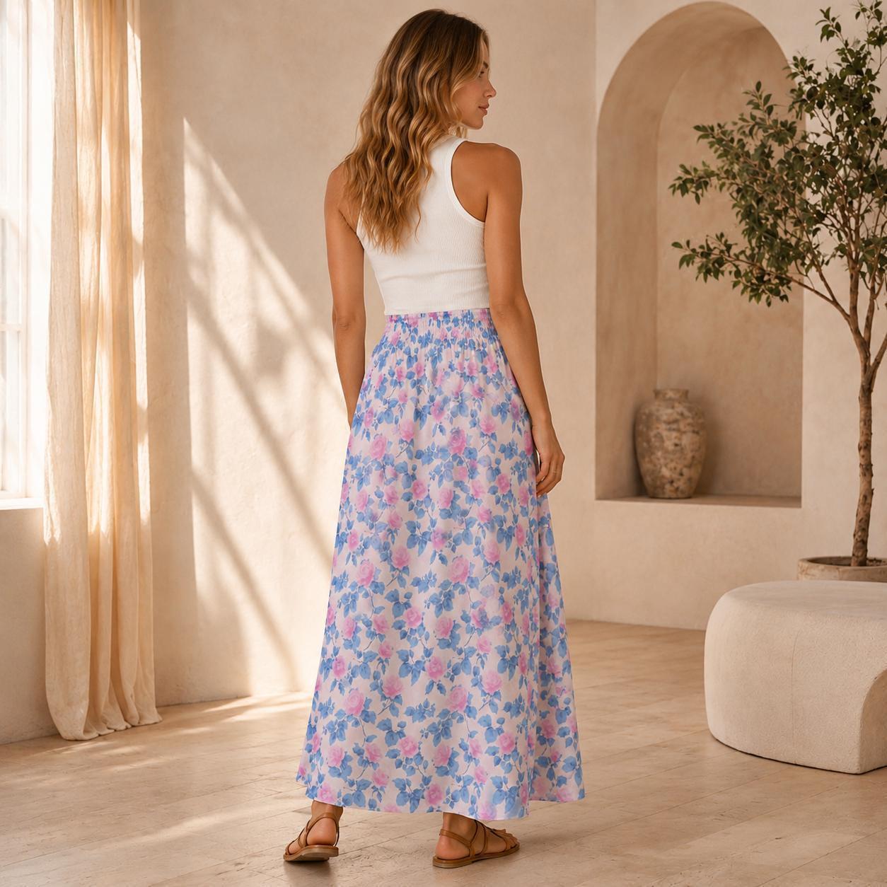 Blue Floral Maxi Skirt, Pink Roses, Cottagecore, High Waist, Flowy Ankle Length, Garden Party