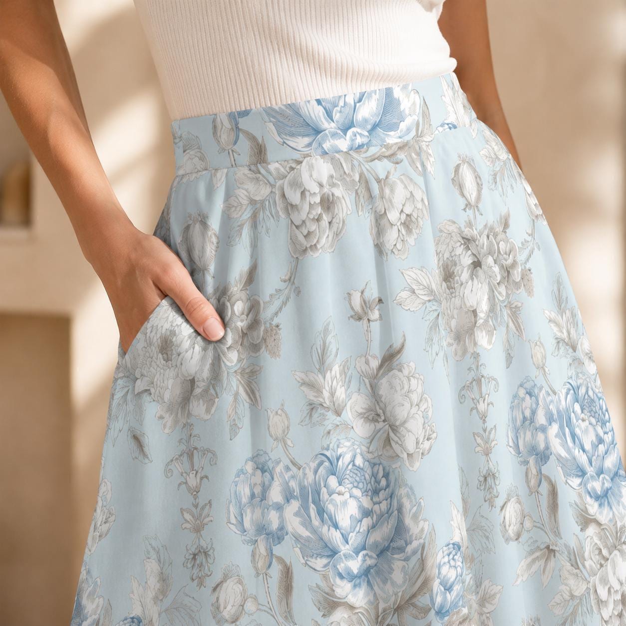 Blue Floral Midi Skirt, Romantic Peony Print, High Waist Cottagecore Summer Skirt