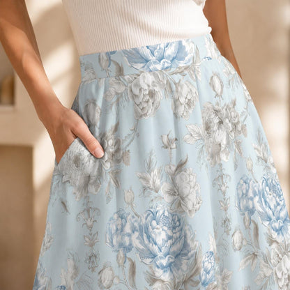 Blue Floral Midi Skirt, Romantic Peony Print, High Waist Cottagecore Summer Skirt