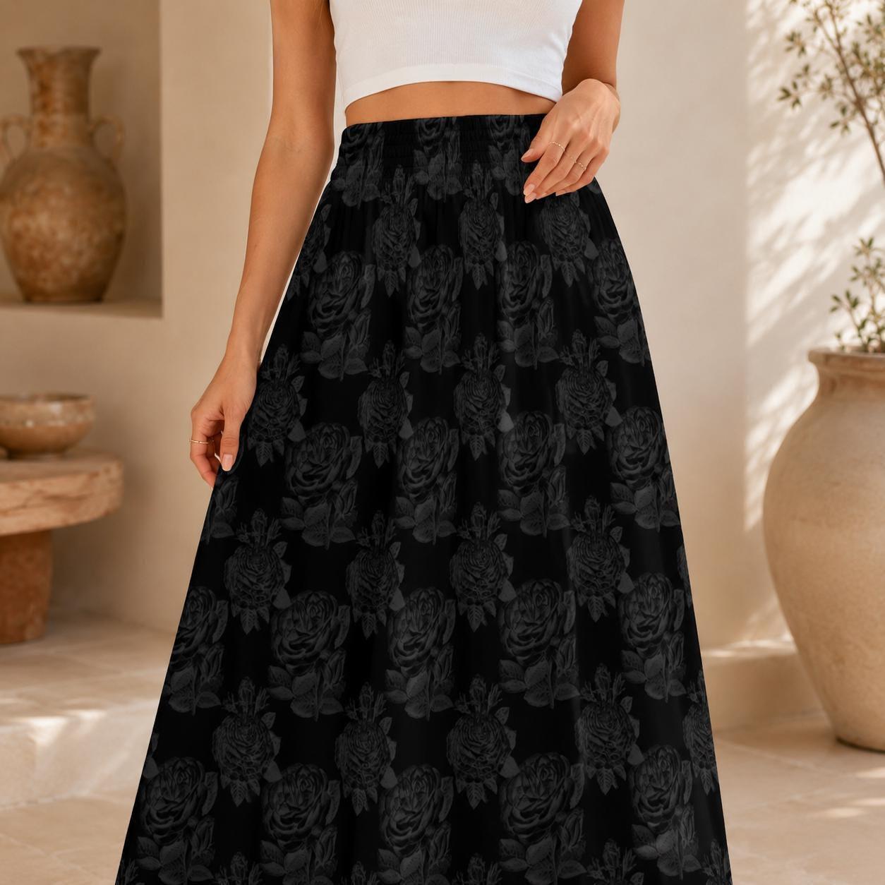 Black Rose Maxi Skirt, Dark Floral High Waist A-Line with Pockets