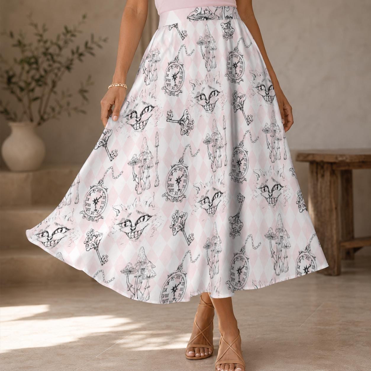 Blush Butterfly Midi Skirt, Vintage Letter Floral Print, Romantic High Waist Style