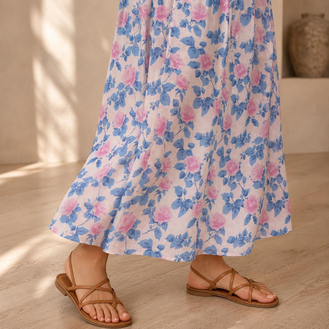 Blue Floral Maxi Skirt, Pink Roses, Cottagecore, High Waist, Flowy Ankle Length, Garden Party