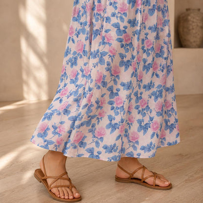 Blue Floral Maxi Skirt, Pink Roses, Cottagecore, High Waist, Flowy Ankle Length, Garden Party