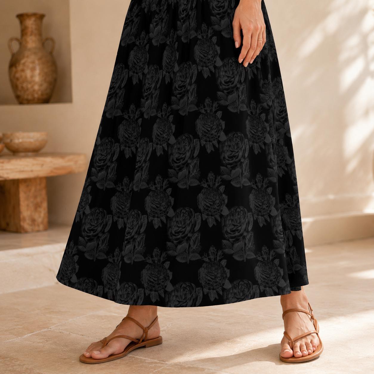 Black Rose Maxi Skirt, Dark Floral High Waist A-Line with Pockets