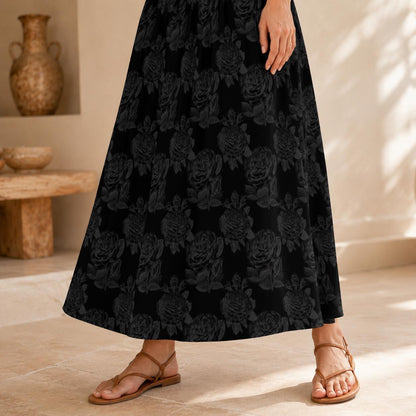 Black Rose Maxi Skirt, Dark Floral High Waist A-Line with Pockets
