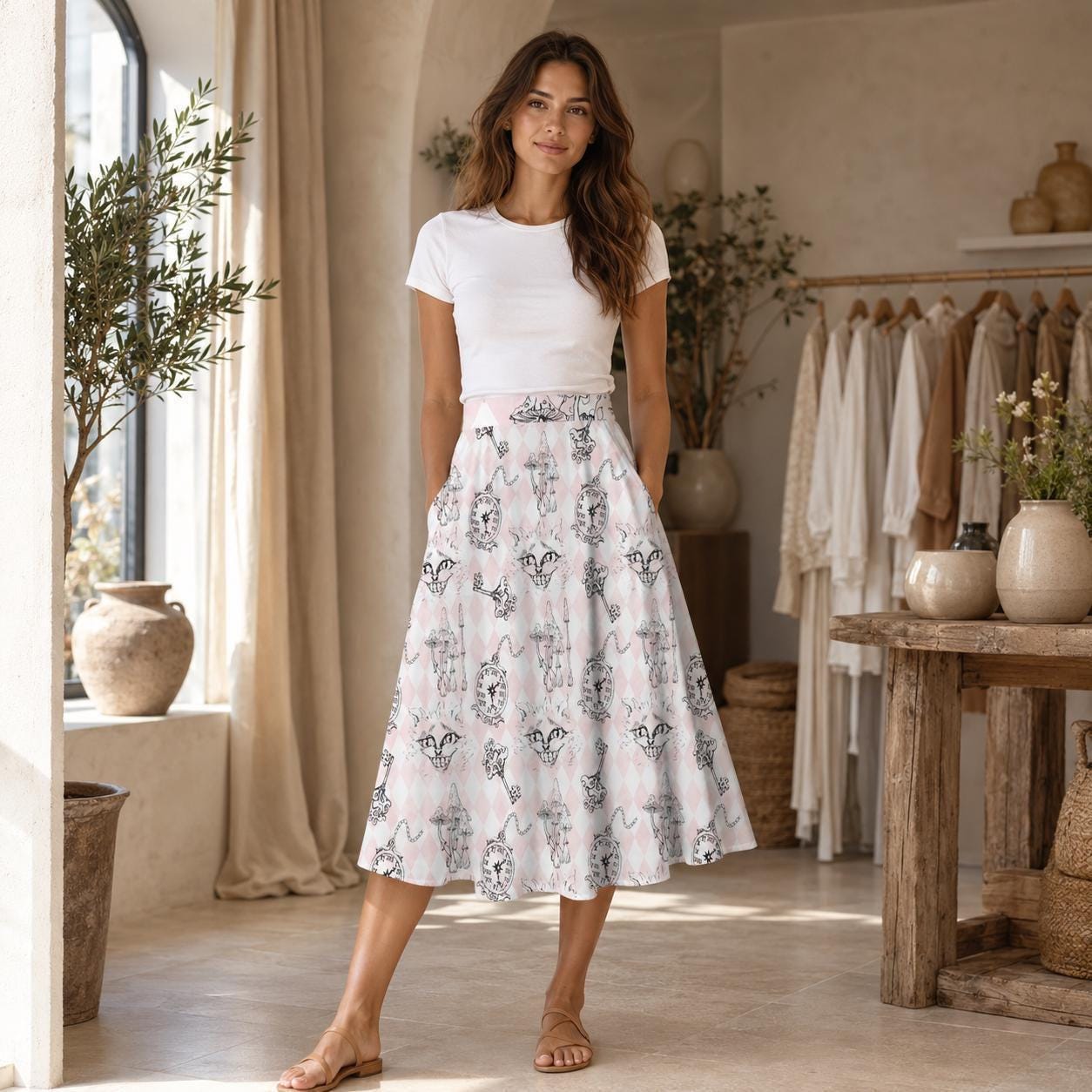 Blush Butterfly Midi Skirt, Vintage Letter Floral Print, Romantic High Waist Style