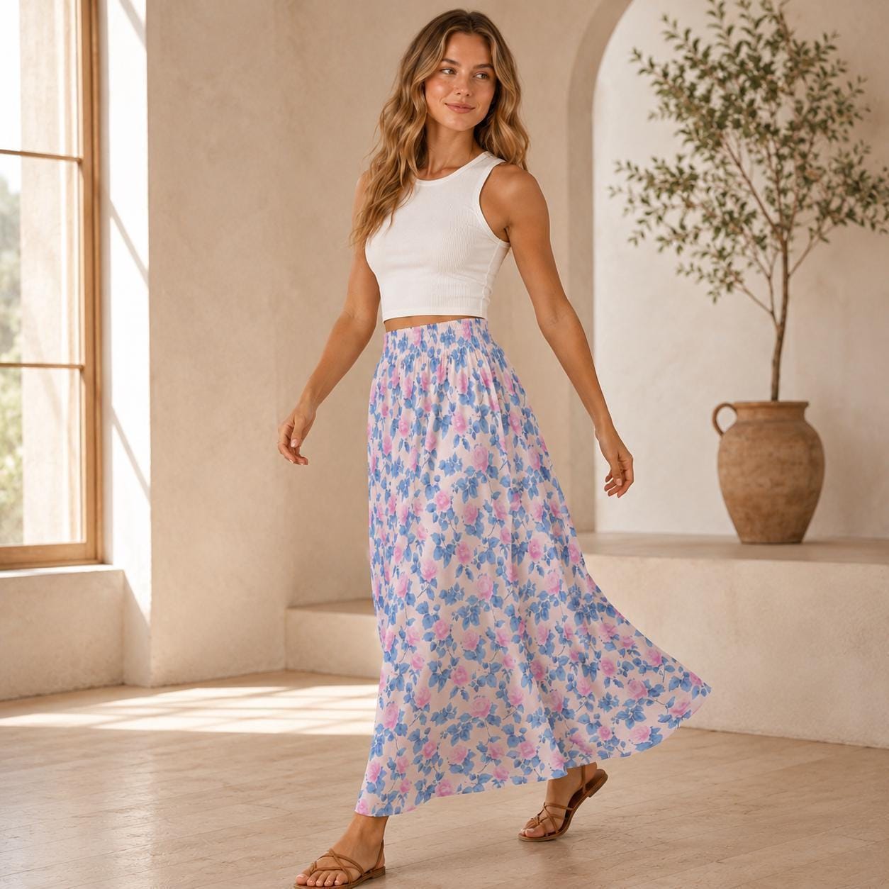 Blue Floral Maxi Skirt, Pink Roses, Cottagecore, High Waist, Flowy Ankle Length, Garden Party